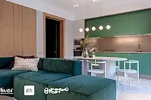 Дачный ответ, Кухня-гостиная на стыке севера и юга, диваны Gliver, Зеленый диван Фри от Gliver